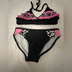 Girls medium (7/8) Xhileration black/pink ruffle halter strap tie at neck bikini